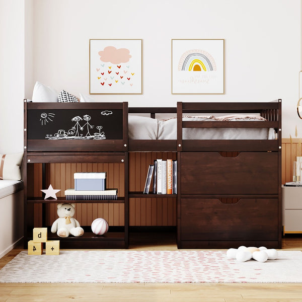 English Elm Twin Low Loft Bed with Rolling Desk Built in Shelving and Underbed Drawers for Kids Espresso LT000135AAP