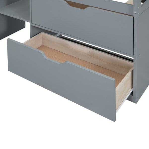 English Elm Twin Low Loft Bed with Rolling Desk Built in Shelving and Underbed Drawers for Kids Gray LT000135AAE