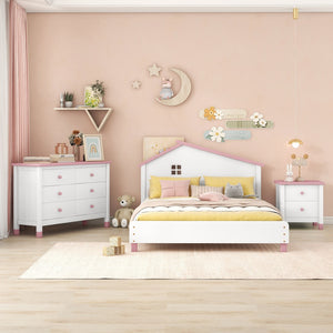 English Elm 3-Pieces Bedroom Sets Full Size Platform Bed With Nightstand and Storage Dresser,White+Pink