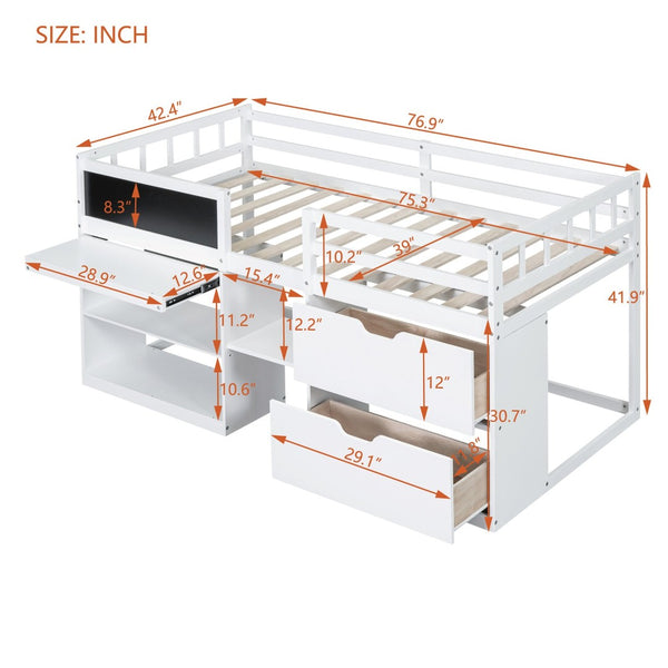 English Elm Twin Low Loft Bed with Rolling Desk Built in Shelving and Underbed Drawers for Kids White LT000135AAK