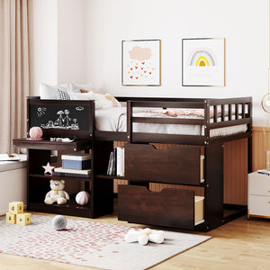 English Elm Twin Low Loft Bed with Rolling Desk Built in Shelving and Underbed Drawers for Kids Espresso LT000135AAP