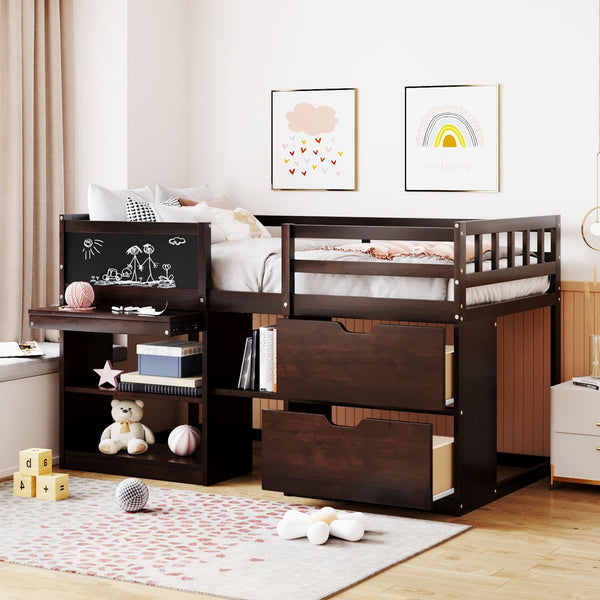 English Elm Twin Low Loft Bed with Rolling Desk Built in Shelving and Underbed Drawers for Kids Espresso LT000135AAP