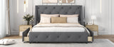 English Elm Upholstered Platform Bed With Wingback Tufted Headboard and 4 Drawers, No Box Spring Needed, Linen Fabric, Queen Size Gray