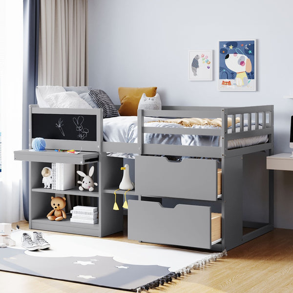 English Elm Twin Low Loft Bed with Rolling Desk Built in Shelving and Underbed Drawers for Kids Gray LT000135AAE