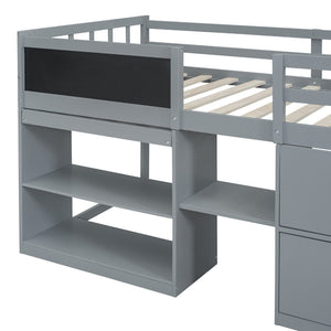 English Elm Twin Low Loft Bed with Rolling Desk Built in Shelving and Underbed Drawers for Kids Gray LT000135AAE