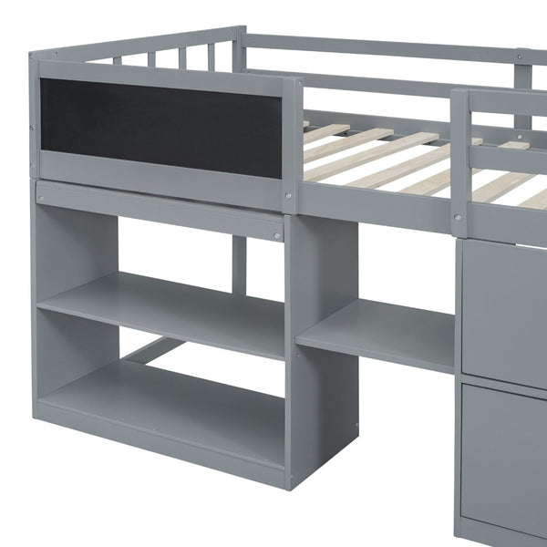 English Elm Twin Low Loft Bed with Rolling Desk Built in Shelving and Underbed Drawers for Kids Gray LT000135AAE