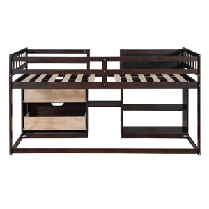 English Elm Twin Low Loft Bed with Rolling Desk Built in Shelving and Underbed Drawers for Kids Espresso LT000135AAP