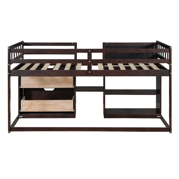 English Elm Twin Low Loft Bed with Rolling Desk Built in Shelving and Underbed Drawers for Kids Espresso LT000135AAP