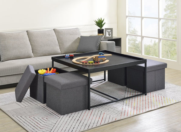 English Elm Vinny Square Coffee Table Set with Four Nesting Storage Stools for Modern Living Black B061110726