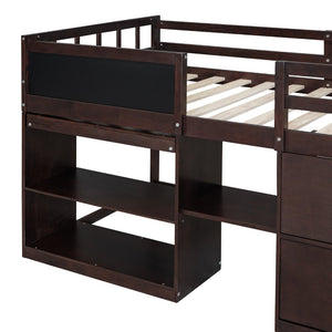 English Elm Twin Low Loft Bed with Rolling Desk Built in Shelving and Underbed Drawers for Kids Espresso LT000135AAP