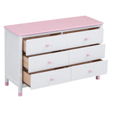 English Elm Wooden Storage Dresser With 6 Drawers,Storage Cabinet For Kids Bedroom,White+Pink