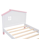 English Elm Twin Size Wood Platform Bed With House-Shaped Headboard (White+Pink)