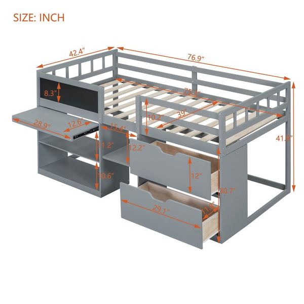 English Elm Twin Low Loft Bed with Rolling Desk Built in Shelving and Underbed Drawers for Kids Gray LT000135AAE