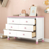 English Elm Wooden Storage Dresser With 6 Drawers,Storage Cabinet For Kids Bedroom,White+Pink