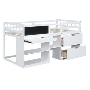 English Elm Twin Low Loft Bed with Rolling Desk Built in Shelving and Underbed Drawers for Kids White LT000135AAK
