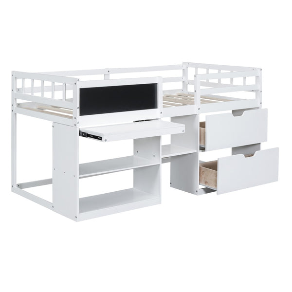 English Elm Twin Low Loft Bed with Rolling Desk Built in Shelving and Underbed Drawers for Kids White LT000135AAK