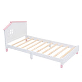 English Elm Twin Size Wood Platform Bed With House-Shaped Headboard (White+Pink)