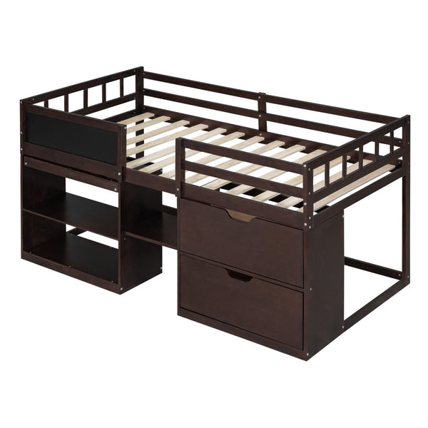 English Elm Twin Low Loft Bed with Rolling Desk Built in Shelving and Underbed Drawers for Kids Espresso LT000135AAP