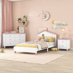 Hearth and Haven Zoe 3-Piece Bedroom Set with Twin Platform Bed, Nightstand and Storage Dresser, White and Pink HL000022AAH