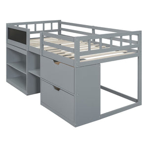English Elm Twin Low Loft Bed with Rolling Desk Built in Shelving and Underbed Drawers for Kids Gray LT000135AAE