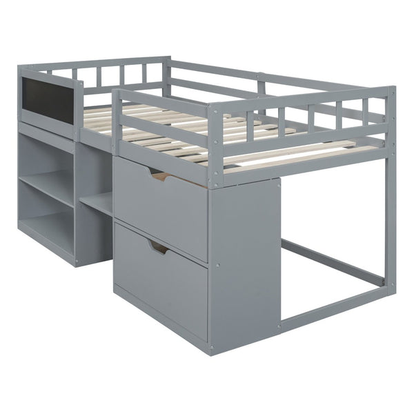 English Elm Twin Low Loft Bed with Rolling Desk Built in Shelving and Underbed Drawers for Kids Gray LT000135AAE