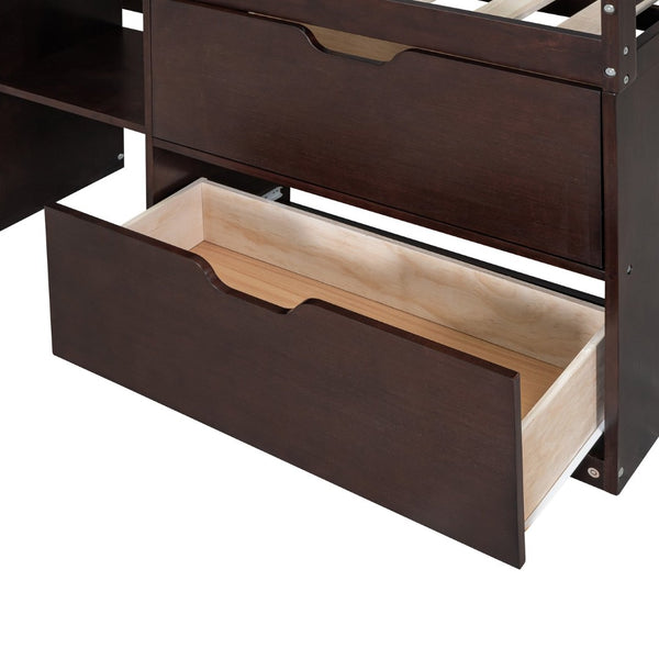 English Elm Twin Low Loft Bed with Rolling Desk Built in Shelving and Underbed Drawers for Kids Espresso LT000135AAP