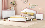 English Elm 3-Pieces Bedroom Sets Full Size Platform Bed With Nightstand and Storage Dresser,White+Pink