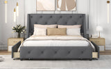 English Elm Upholstered Platform Bed With Wingback Tufted Headboard and 4 Drawers, No Box Spring Needed, Linen Fabric, Queen Size Gray