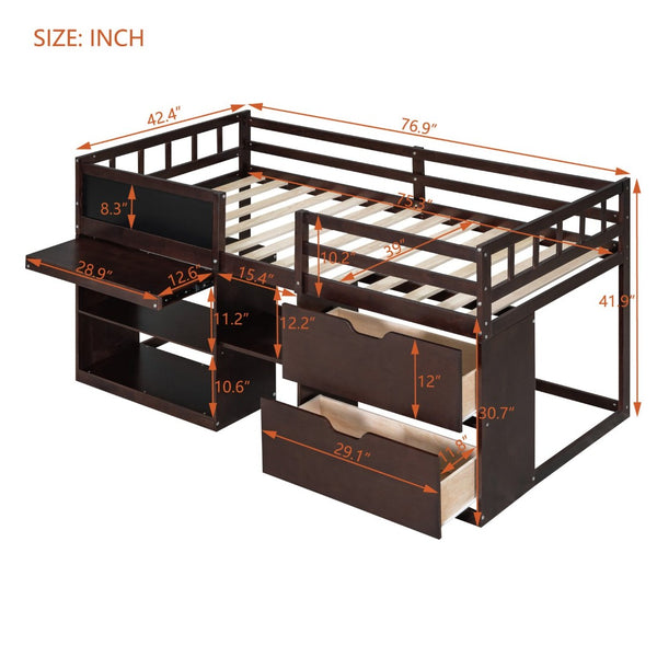 English Elm Twin Low Loft Bed with Rolling Desk Built in Shelving and Underbed Drawers for Kids Espresso LT000135AAP