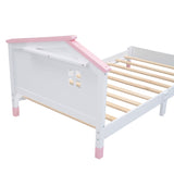 English Elm Twin Size Wood Platform Bed With House-Shaped Headboard (White+Pink)