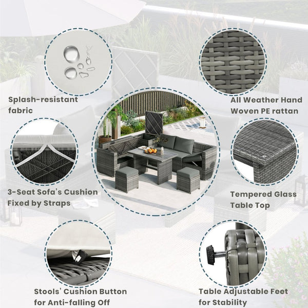 English Elm Topmax Outdoor Six Piece Pe Rattan Sectional Set with Storage and Glass Table N717S100005A