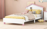 English Elm Twin Size Wood Platform Bed With House-Shaped Headboard (White+Pink)