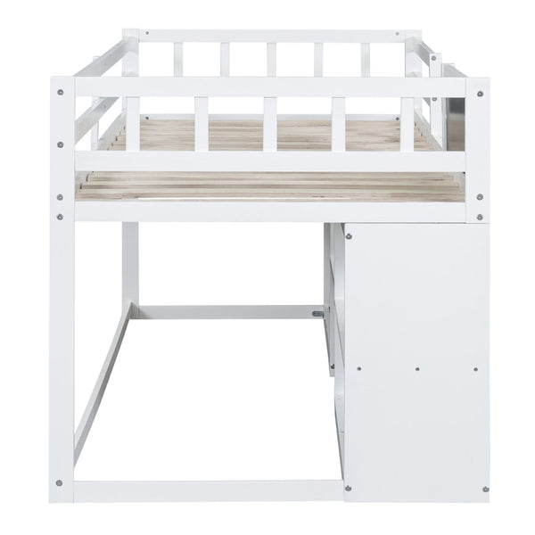 English Elm Twin Low Loft Bed with Rolling Desk Built in Shelving and Underbed Drawers for Kids White LT000135AAK