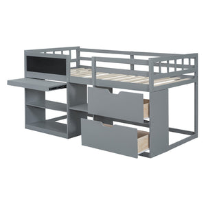 English Elm Twin Low Loft Bed with Rolling Desk Built in Shelving and Underbed Drawers for Kids Gray LT000135AAE