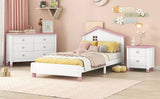 English Elm 3-Pieces Bedroom Sets Twin Size Platform Bed With Nightstand and Storage Dresser,White+Pink