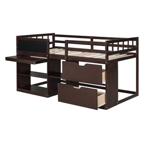 English Elm Twin Low Loft Bed with Rolling Desk Built in Shelving and Underbed Drawers for Kids Espresso LT000135AAP