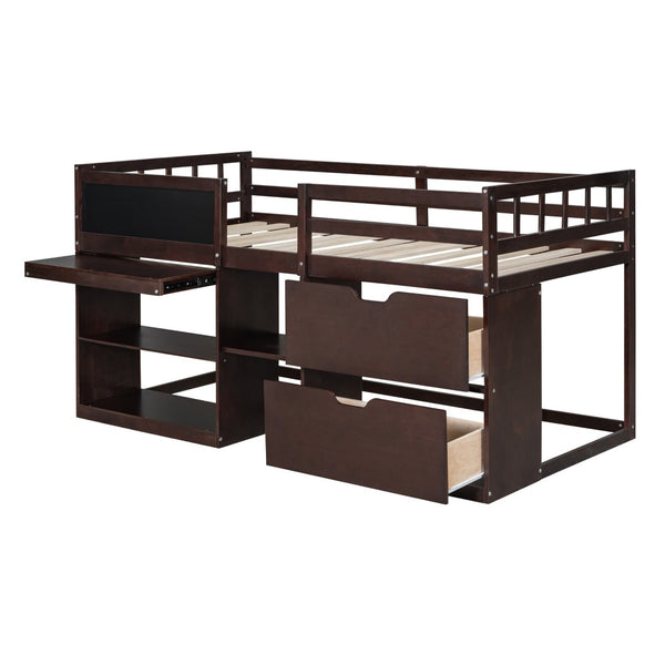 English Elm Twin Low Loft Bed with Rolling Desk Built in Shelving and Underbed Drawers for Kids Espresso LT000135AAP