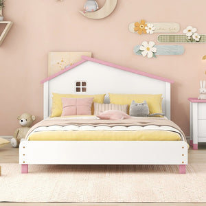 English Elm Full Size Wood Platform Bed With House-Shaped Headboard (White+Pink)