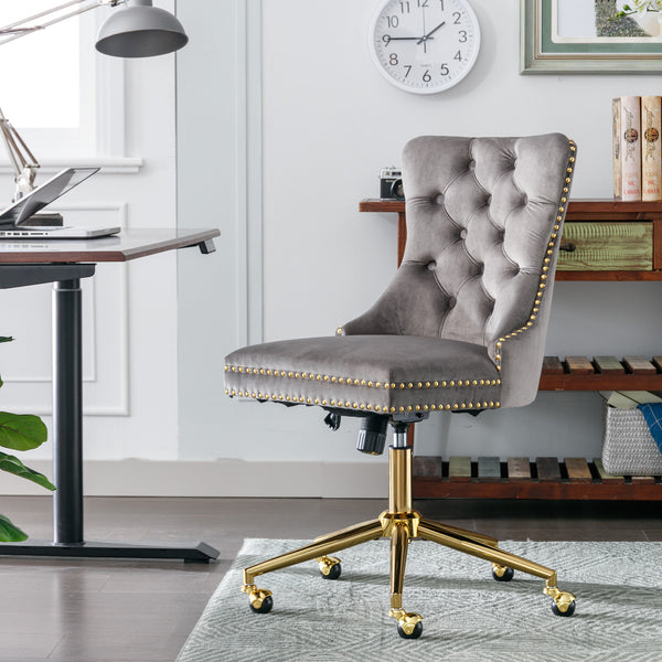 English Elm A&A Velvet Tufted Office Chair with Gold Metal Base — Adjustable Swivel Desk Chair, Luxurious Comfort Gray W114378930
