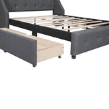 English Elm Upholstered Platform Bed With Wingback Tufted Headboard and 4 Drawers, No Box Spring Needed, Linen Fabric, Queen Size Gray