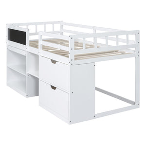 English Elm Twin Low Loft Bed with Rolling Desk Built in Shelving and Underbed Drawers for Kids White LT000135AAK