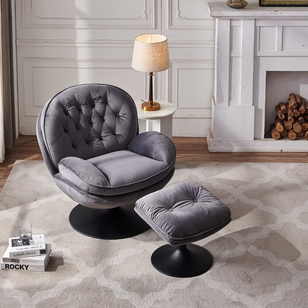 English Elm Swivel Velvet Lounge Chair with Ottoman Button Tufted 360 Degree Rotating Accent Seat W1805103943