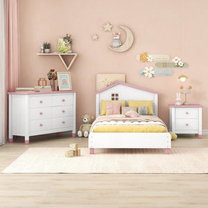 English Elm 3-Pieces Bedroom Sets Twin Size Platform Bed With Nightstand and Storage Dresser,White+Pink