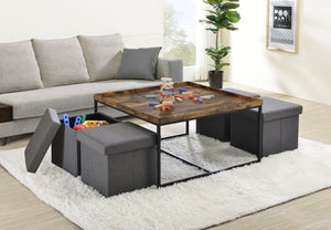 English Elm Vinny Square Coffee Table Set with Four Nesting Storage Stools for Modern Living Brown Oak B061110725