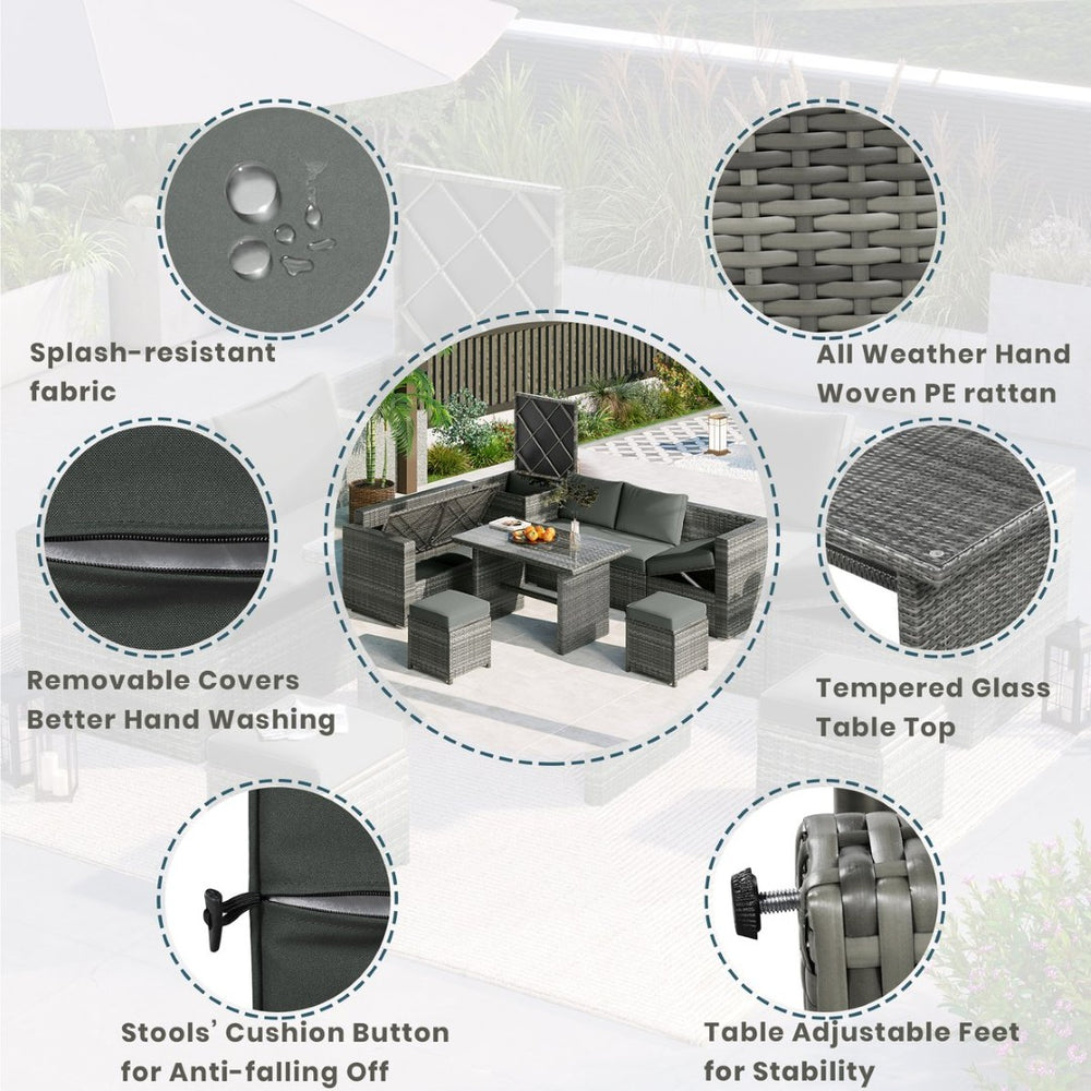 English Elm Topmax Outdoor Wicker Sectional Set with Storage Adjustable Seating and Tempered Glass Table Grey N717S100005E