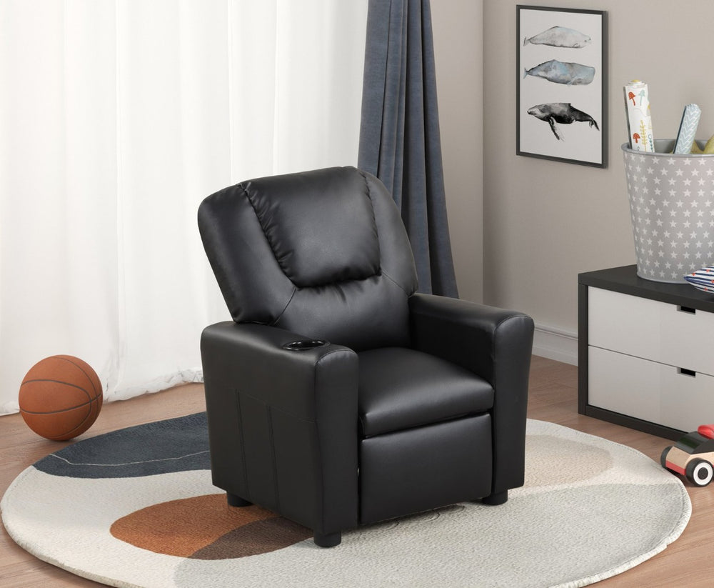 English Elm Marisa Youth Pu Leather Recliner Chair with Cupholder for Kids Bedroom Playroom Black B061110700