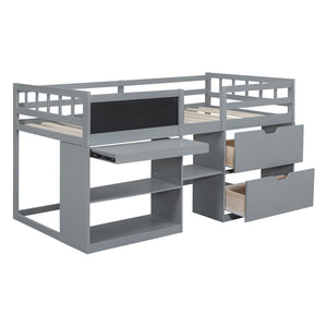 English Elm Twin Low Loft Bed with Rolling Desk Built in Shelving and Underbed Drawers for Kids Gray LT000135AAE