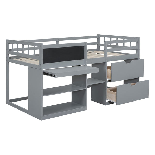English Elm Twin Low Loft Bed with Rolling Desk Built in Shelving and Underbed Drawers for Kids Gray LT000135AAE