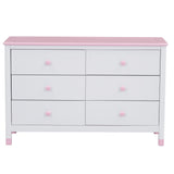 English Elm Wooden Storage Dresser With 6 Drawers,Storage Cabinet For Kids Bedroom,White+Pink