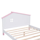 English Elm Full Size Wood Platform Bed With House-Shaped Headboard (White+Pink)